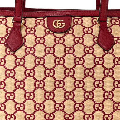 Gucci Straw Jacquard Dollar Calfskin GG Monogram Medium Ophidia Shopping Tote Natural New Cherry Red 8 of 10