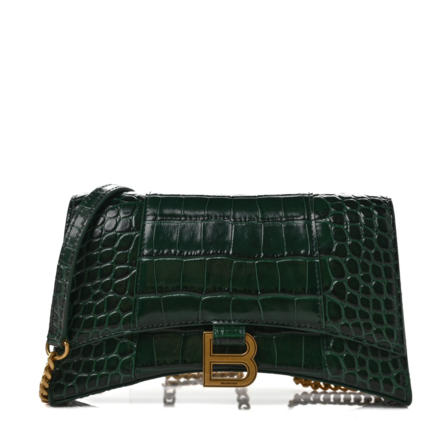 Balenciaga Shiny Calfskin Crocodile Embossed Small Hourglass Evening Chain Bag Forest Green 1 of 5