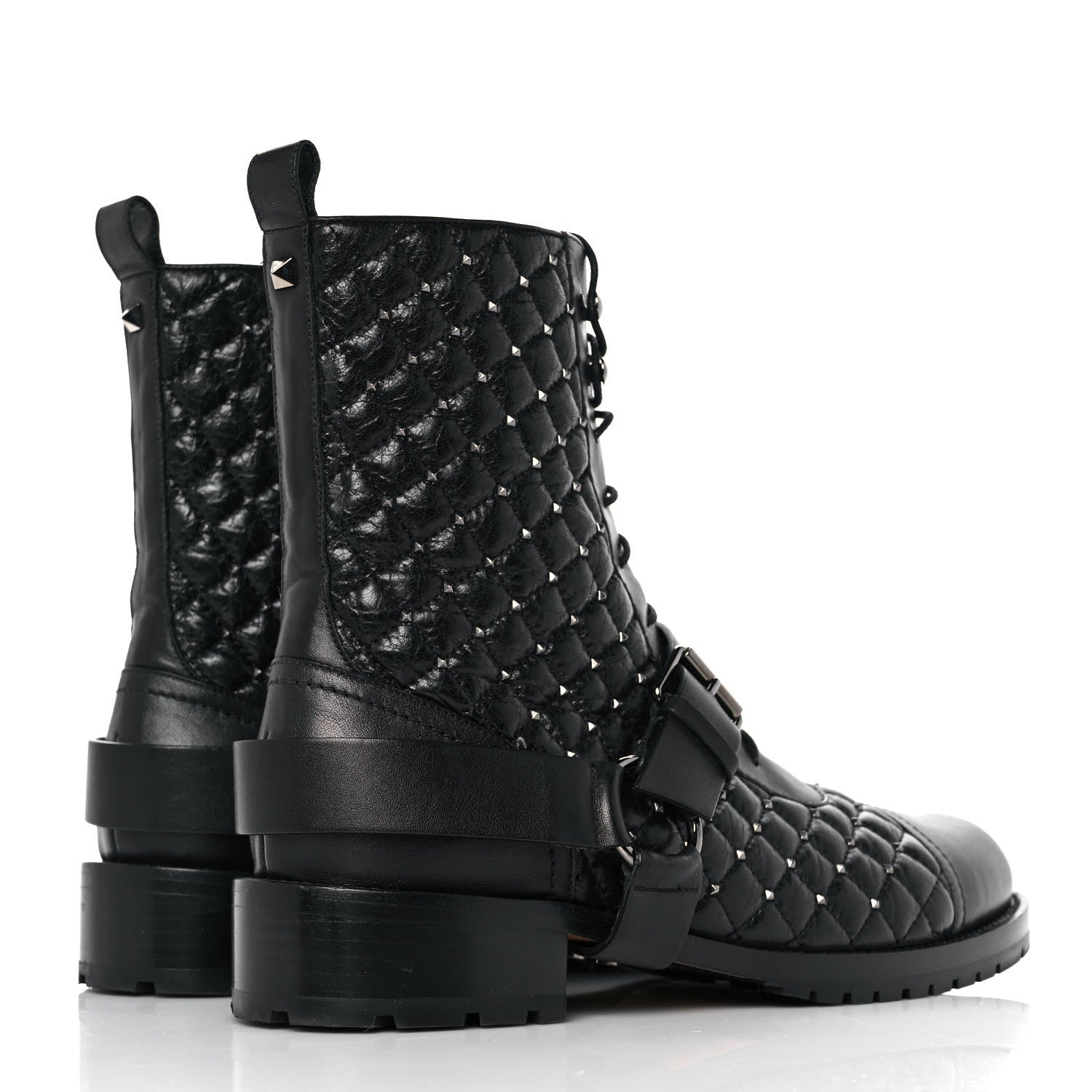 Valentino Garavani Crackled Lambskin Rockstud Spike 20mm Combat Boots 41 Black 4 of 8