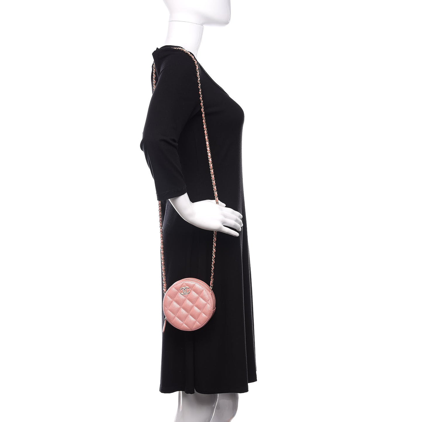 Iridescent Caviar Resin Quilted Round Clutch With Chain Pink