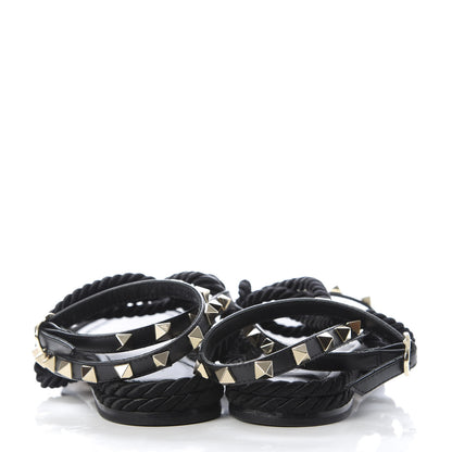 Valentino Garavani Calfskin Rockstud Torchon Rope Espadrille Flat Sandals 35 Black 6 of 10