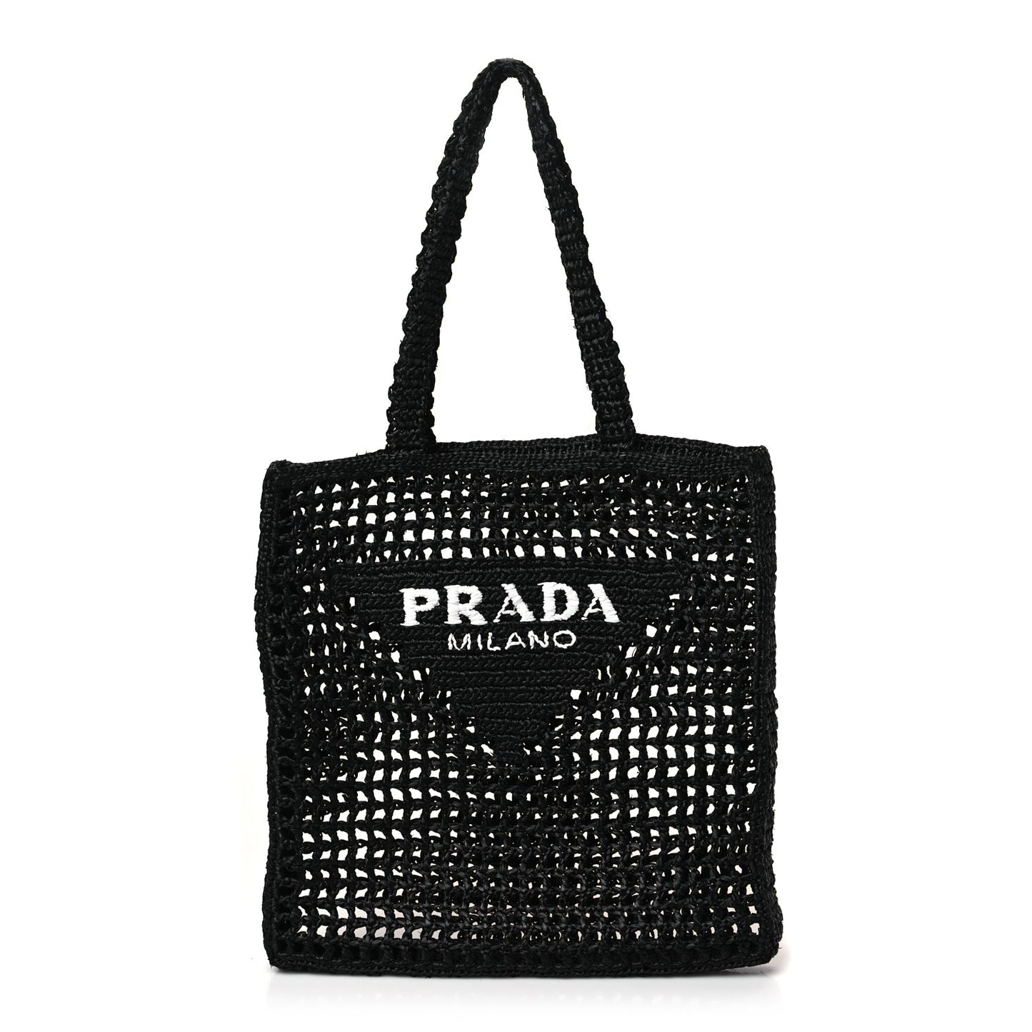 Yarn Raffia Effect Crochet Logo Embroidered Tote Bag Black