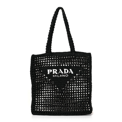 Prada Yarn Raffia Effect Crochet Logo Embroidered Tote Bag Black 1 of 8