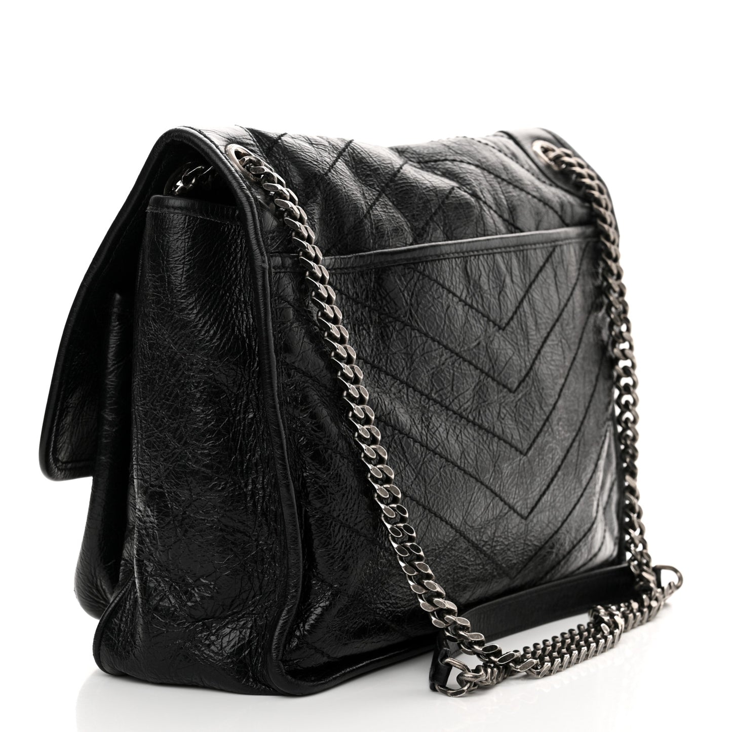 Crinkled Calfskin Matelasse Monogram Large Niki Chain Satchel Black