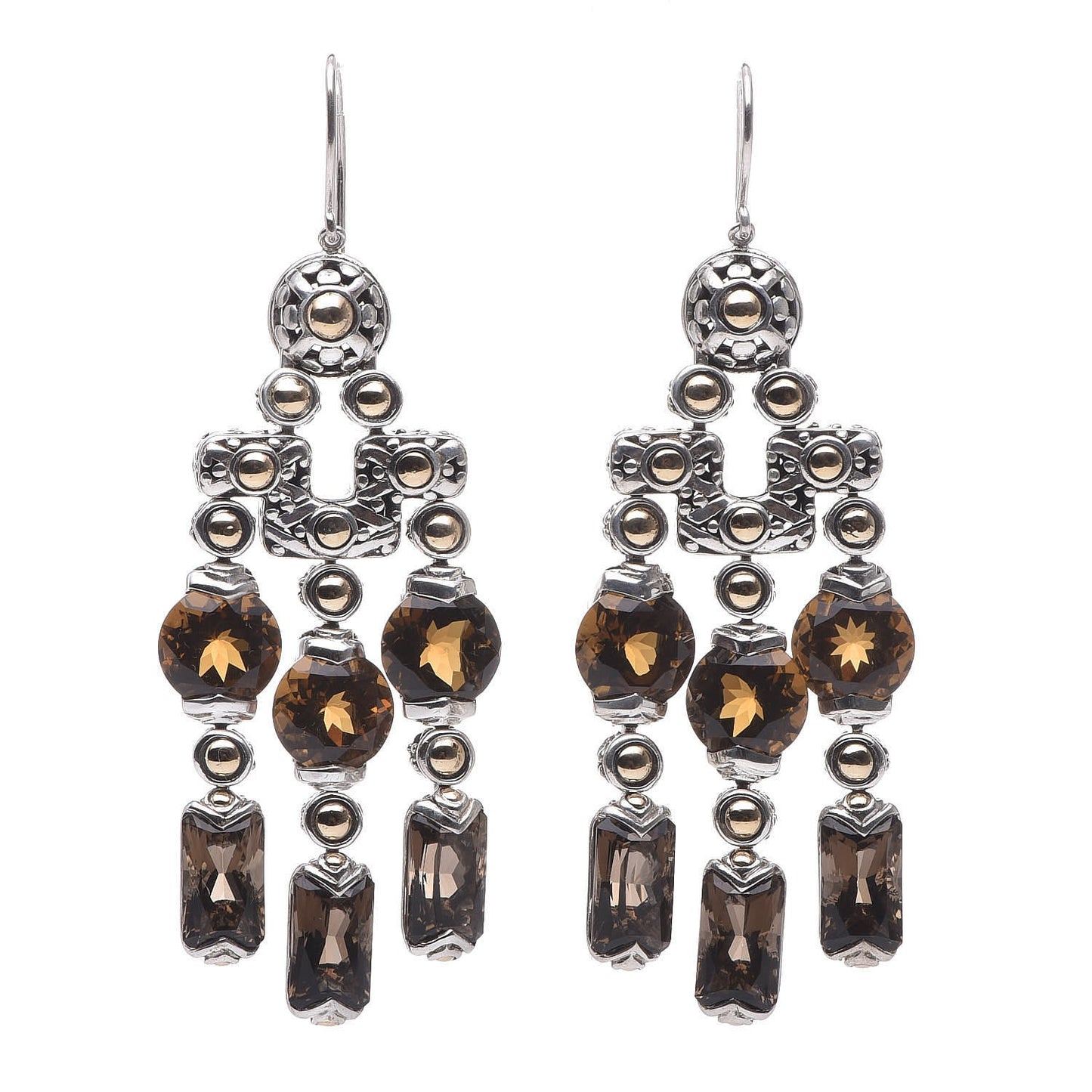 Sterling Silver 18K Yellow Gold Citrine Smoky Quartz Chandelier Earrings