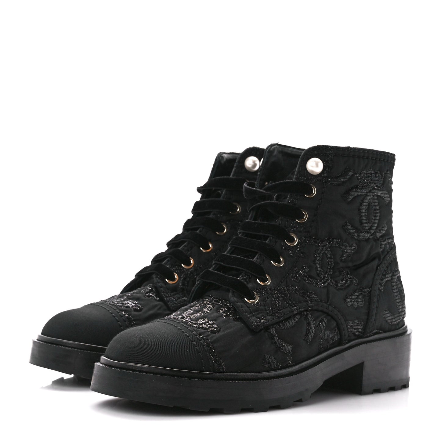 Grosgrain Pearl CC Combat Short Boots 38 Black