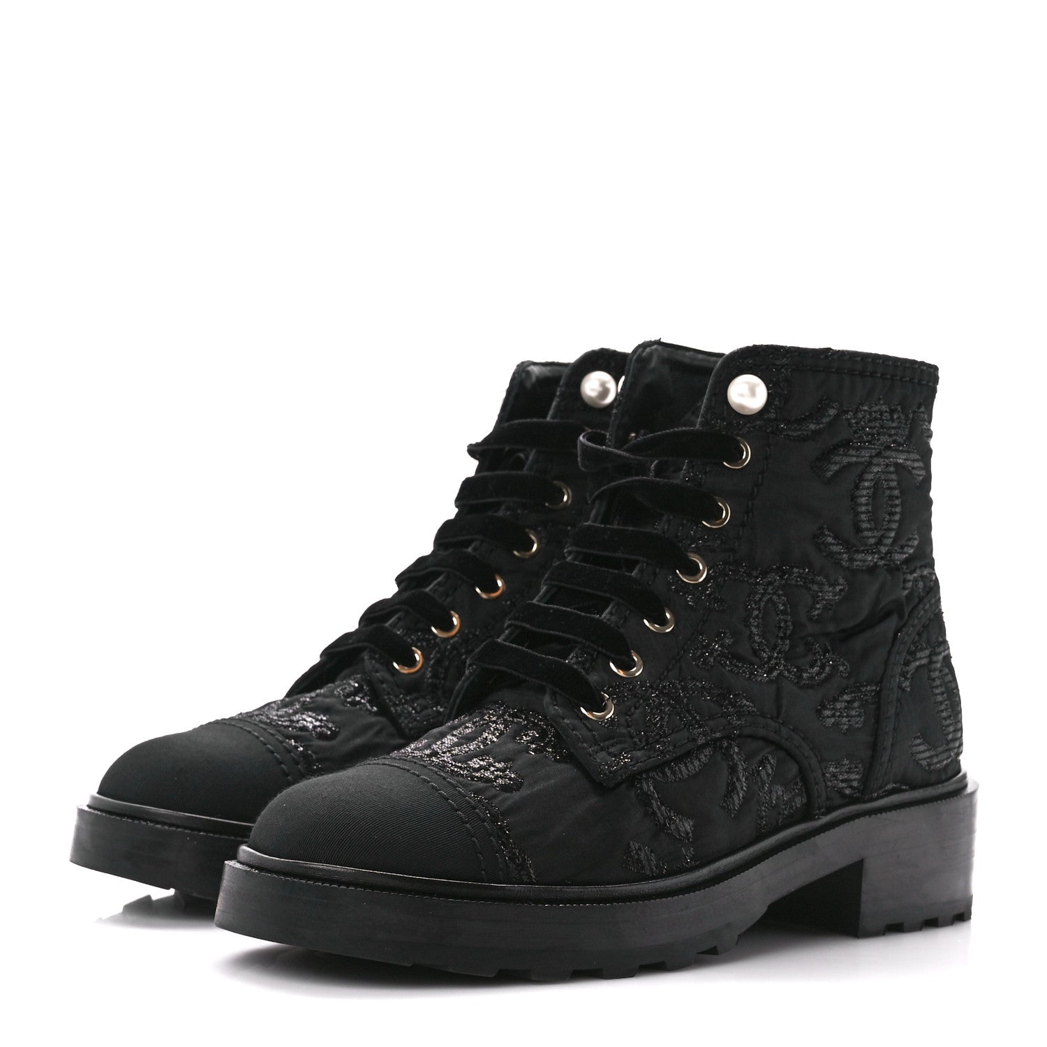 Chanel Grosgrain Pearl CC Combat Short Boots 38 Black 3 of 9