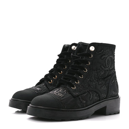 Chanel Grosgrain Pearl CC Combat Short Boots 38 Black 3 of 9