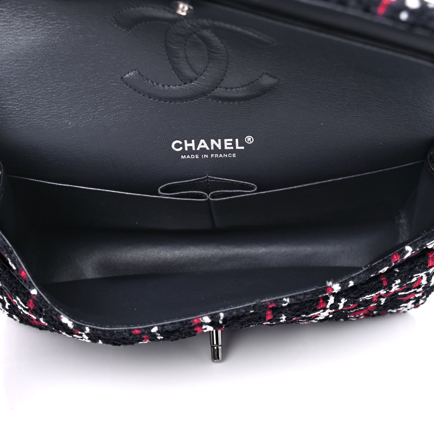 Chanel Tweed Quilted Medium Double Flap Navy White Red 4 of 5