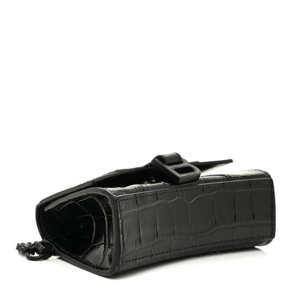 Balenciaga Shiny Calfskin Monochrome Crocodile Embossed Hourglass Chain Cardholder Black 4 of 12
