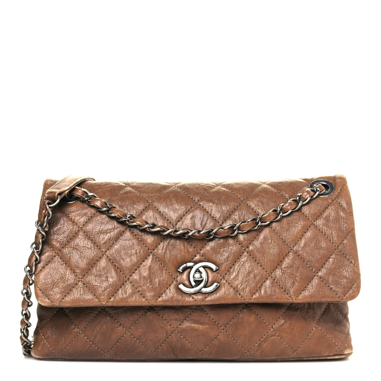 Crumpled Lambskin Quilted Medium Single Flap Khaki
