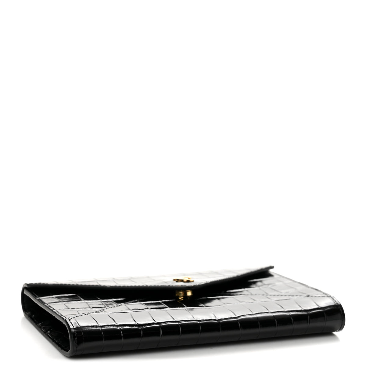 Chanel Calfskin Crocodile Embossed Envelope Clutch With Strap Black 4 of 12