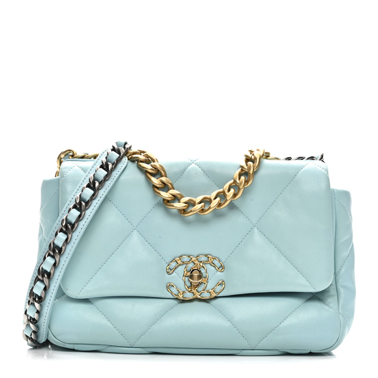 Shiny Lambskin Quilted Medium Chanel 19 Flap Neon Blue