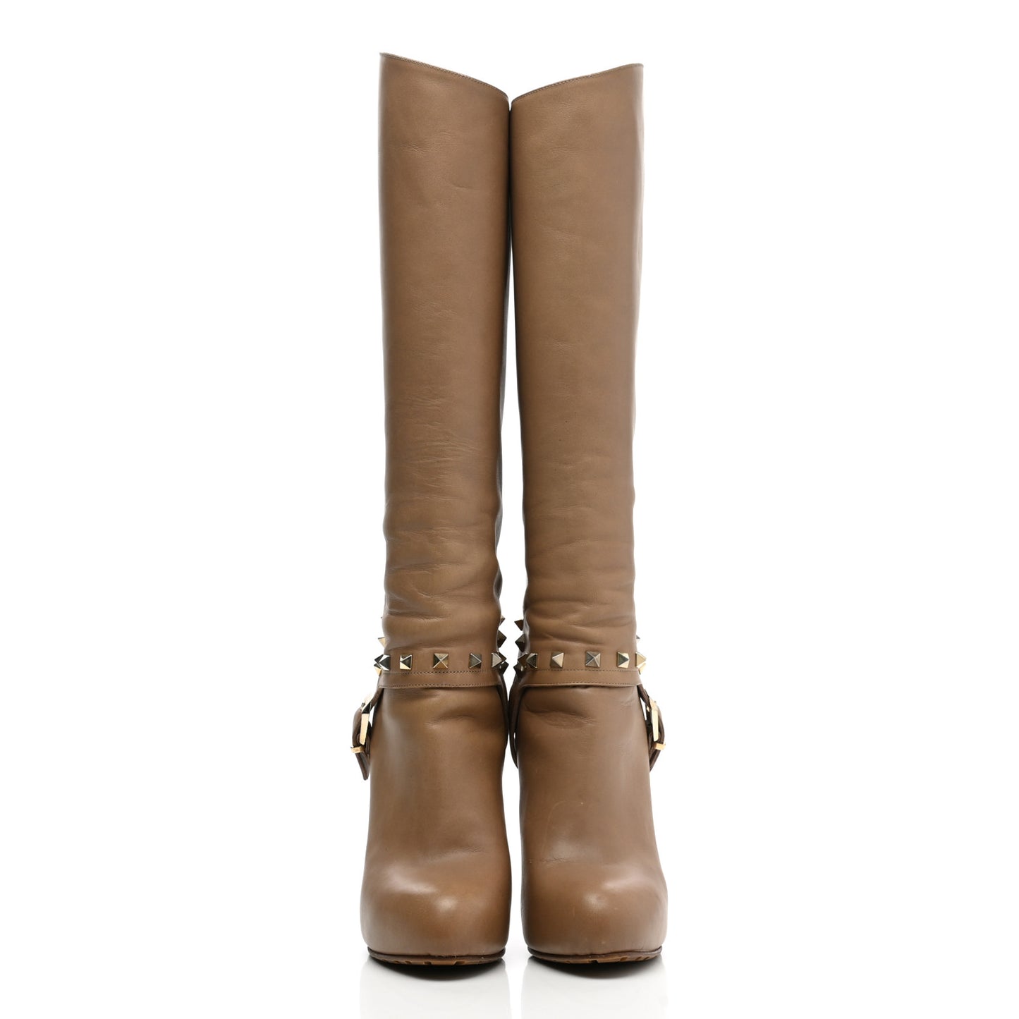 Calfskin Rockstud Knee High High Heel Boots 36.5 Tan