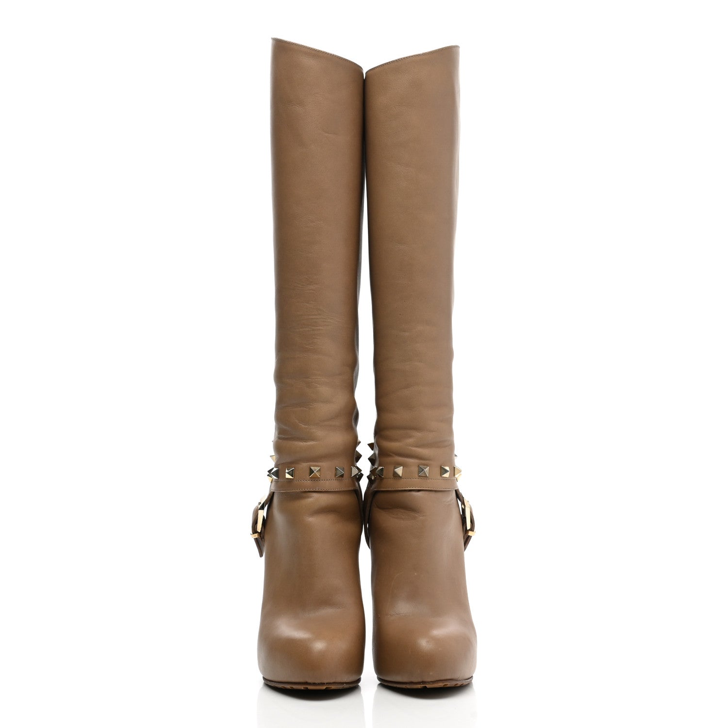 Valentino Garavani Calfskin Rockstud Knee High High Heel Boots 36.5 Tan 2 of 14