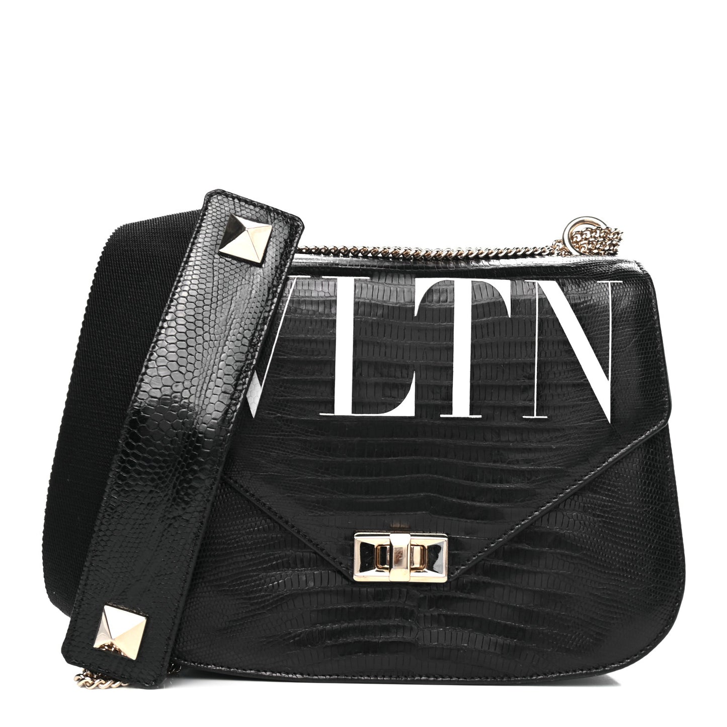 Lizard Embossed Calfskin VLTN Medium Shoulder Bag Black