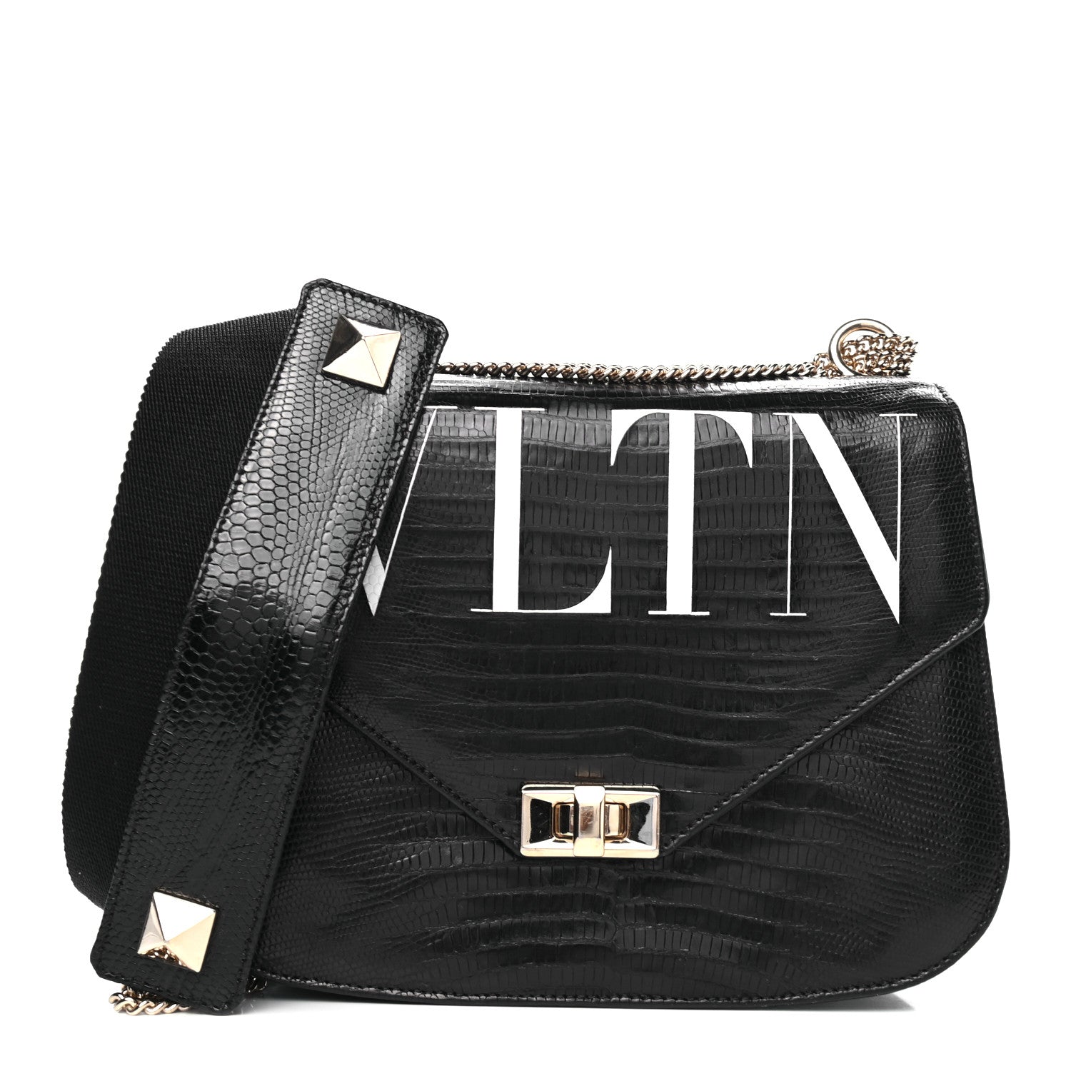 Valentino Garavani Lizard Embossed Calfskin VLTN Medium Shoulder Bag Black 1 of 5
