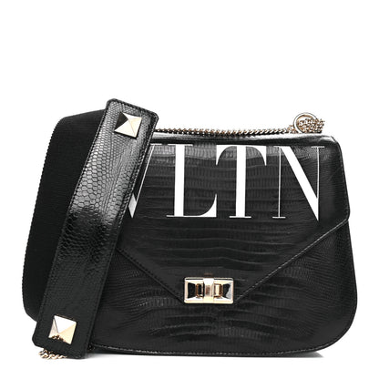 Valentino Garavani Lizard Embossed Calfskin VLTN Medium Shoulder Bag Black 1 of 5