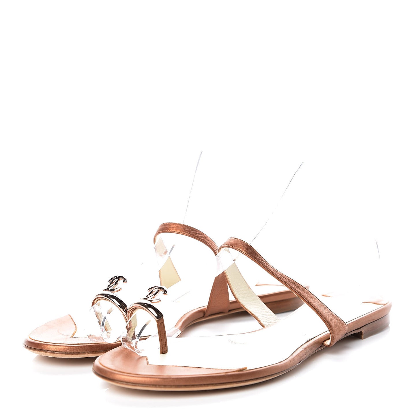 Metallic Calfskin CC Toe Ring Sandals 38 Bronze