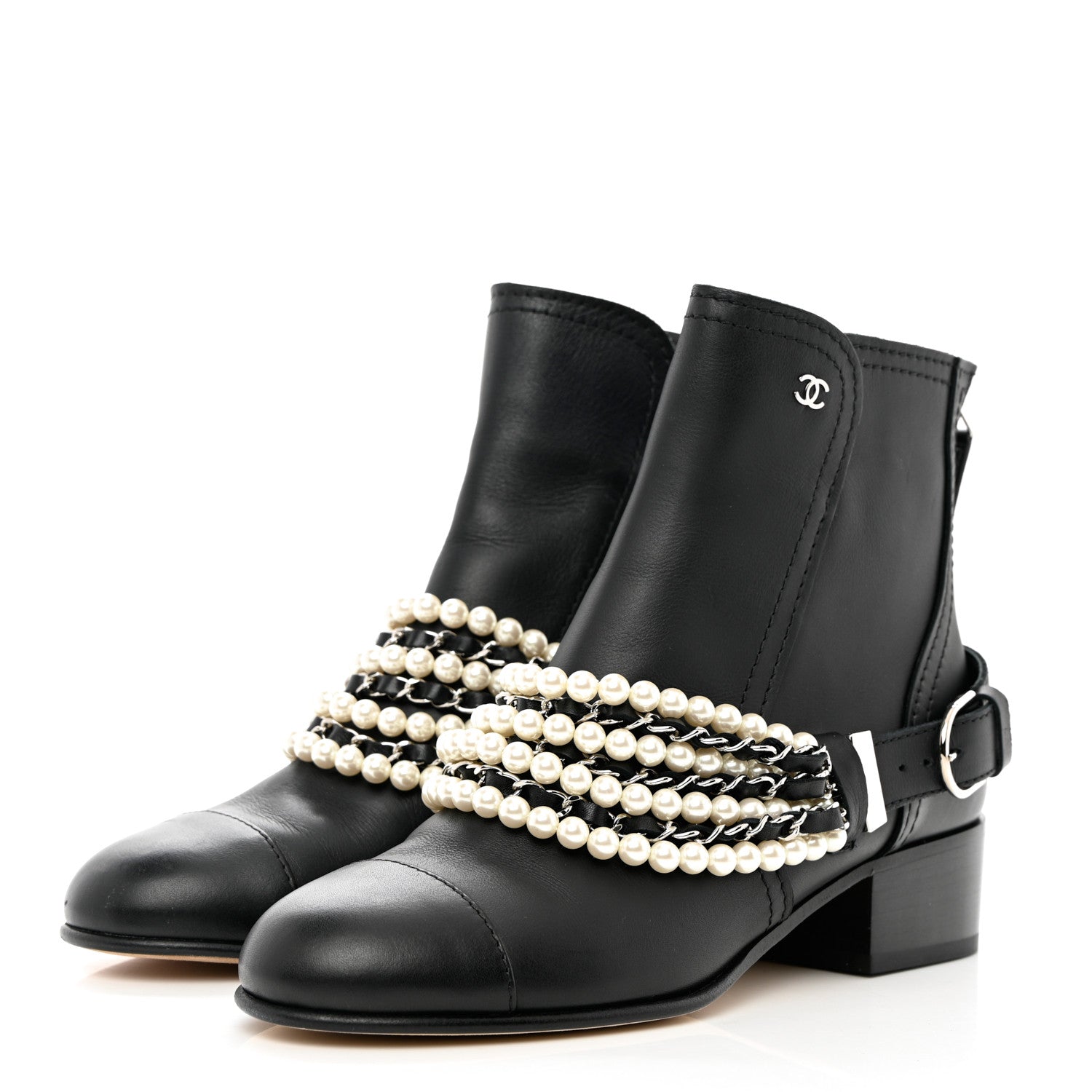 Chanel Calfskin Pearl Cap Toe Short Boots 37 Black 3 of 10