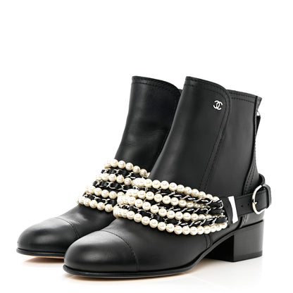Chanel Calfskin Pearl Cap Toe Short Boots 37 Black 3 of 10