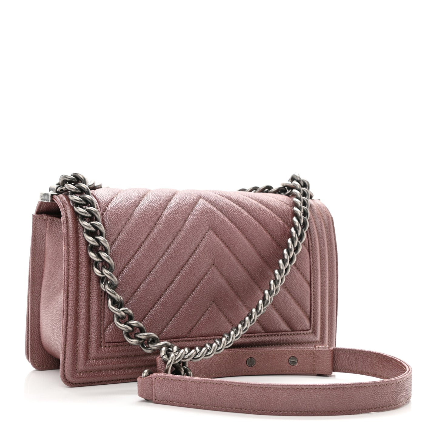 Metallic Caviar Chevron Quilted Medium Boy Flap Dark Pink