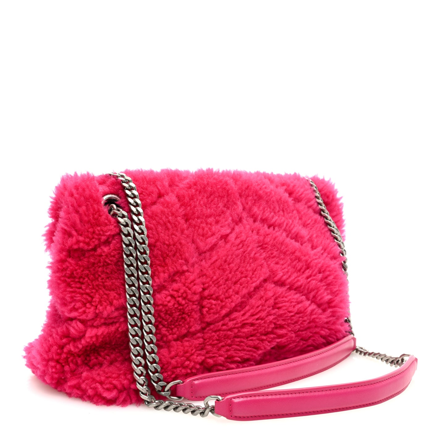 Merino Shearling Lambskin Quilted Small Loulou Puffer Monogram Chain Satchel Fuchsia