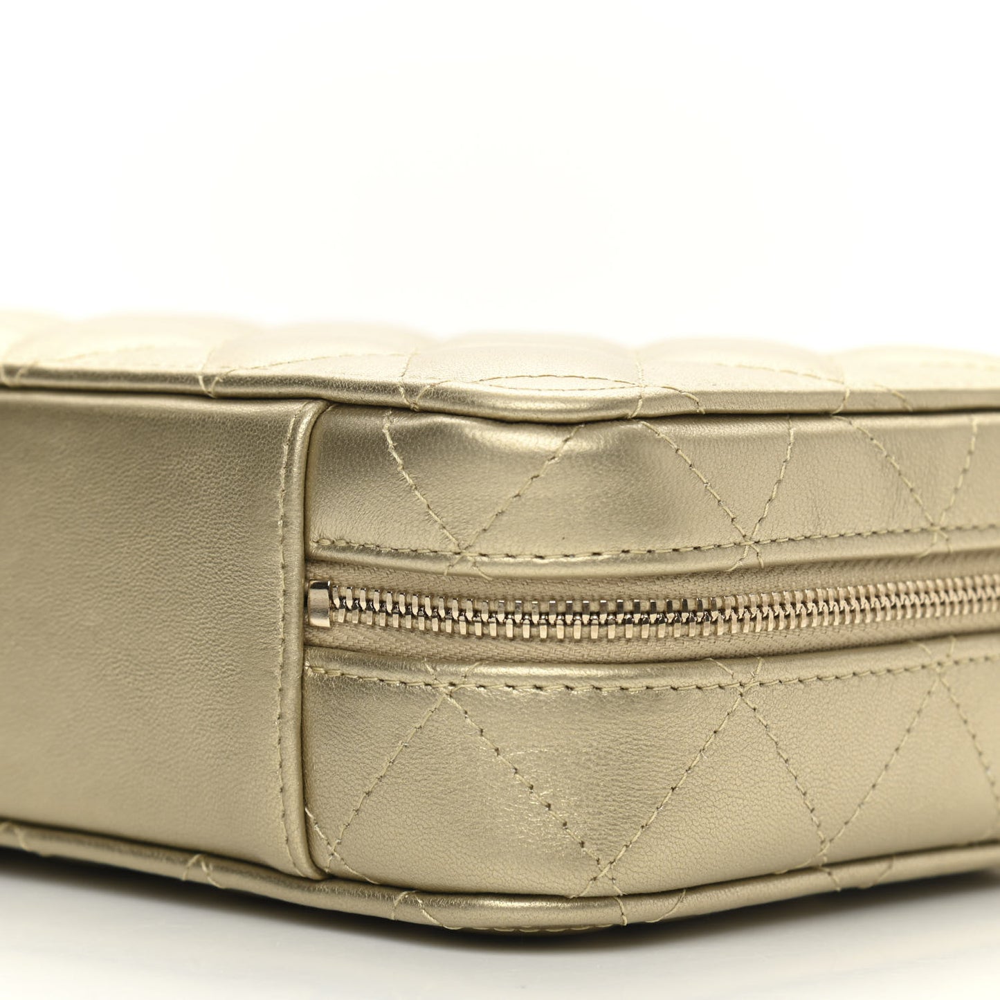 Metallic Lambskin Quilted Top Handle Vanity Case Gold