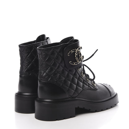 Chanel Shiny Goatskin Calfskin Quilted Lace Up Combat Boots 36 Black 4 of 9