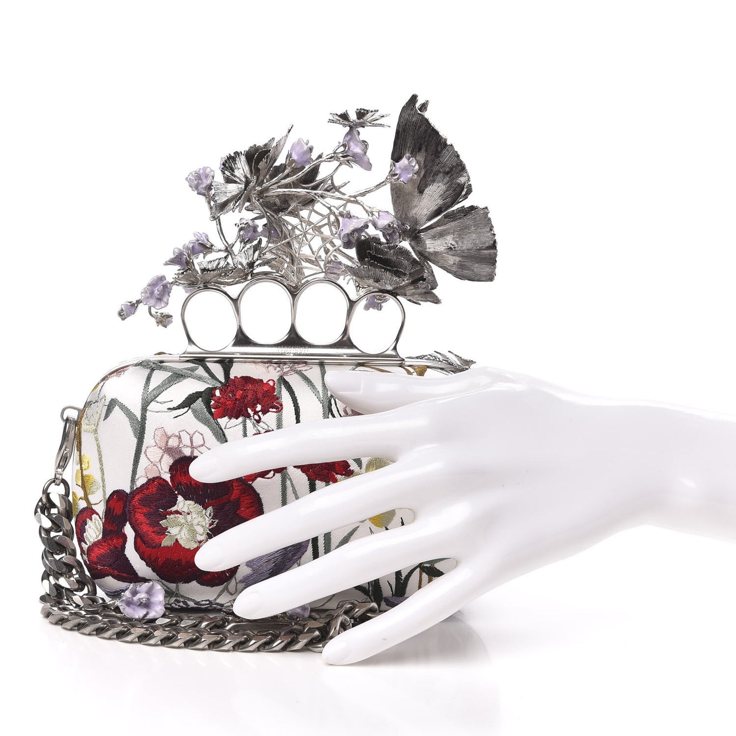 Satin Embroidered Flower Butterfly Knuckle Duster Box Clutch White Multicolor