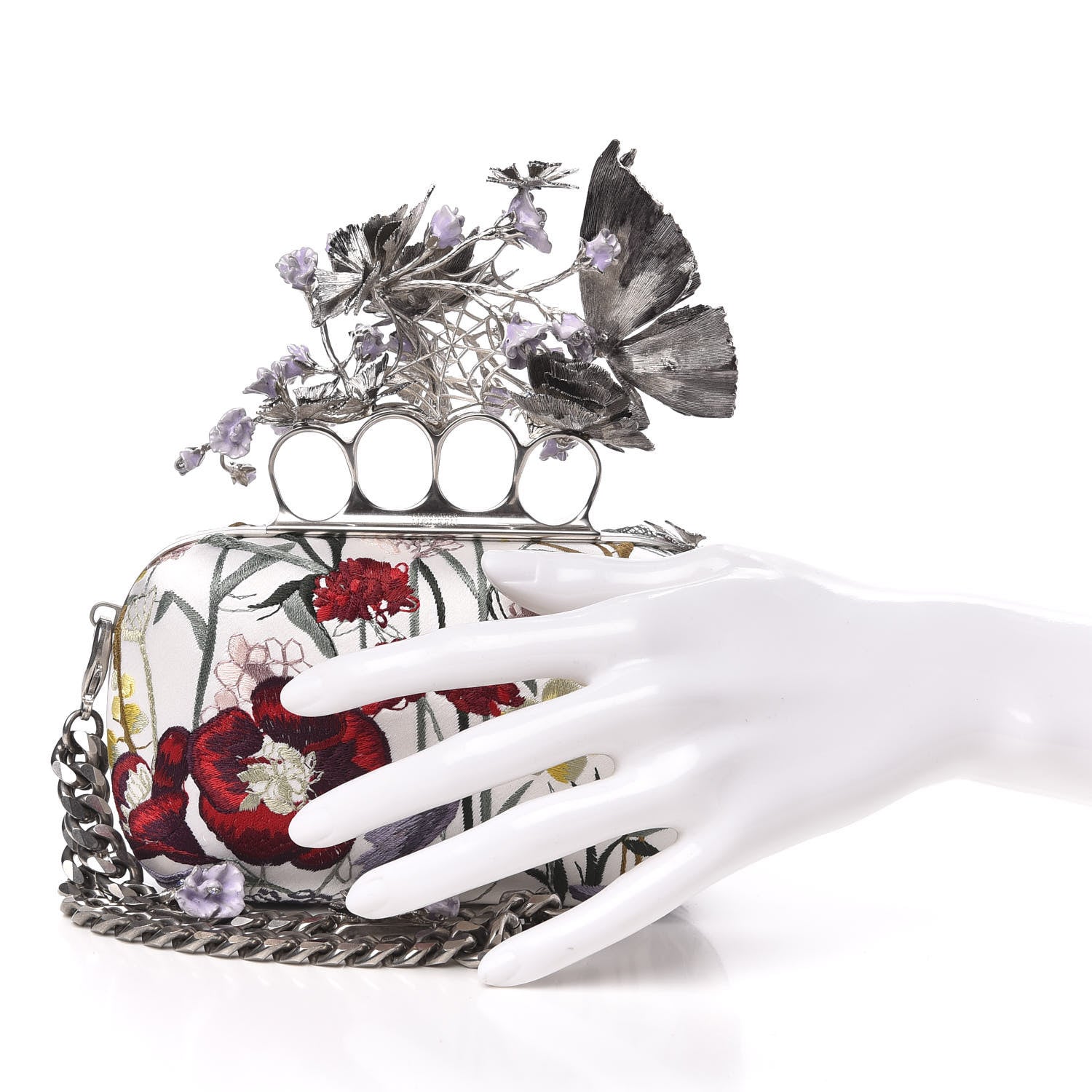 Alexander McQueen Satin Embroidered Flower Butterfly Knuckle Duster Box Clutch White Multicolor 2 of 12