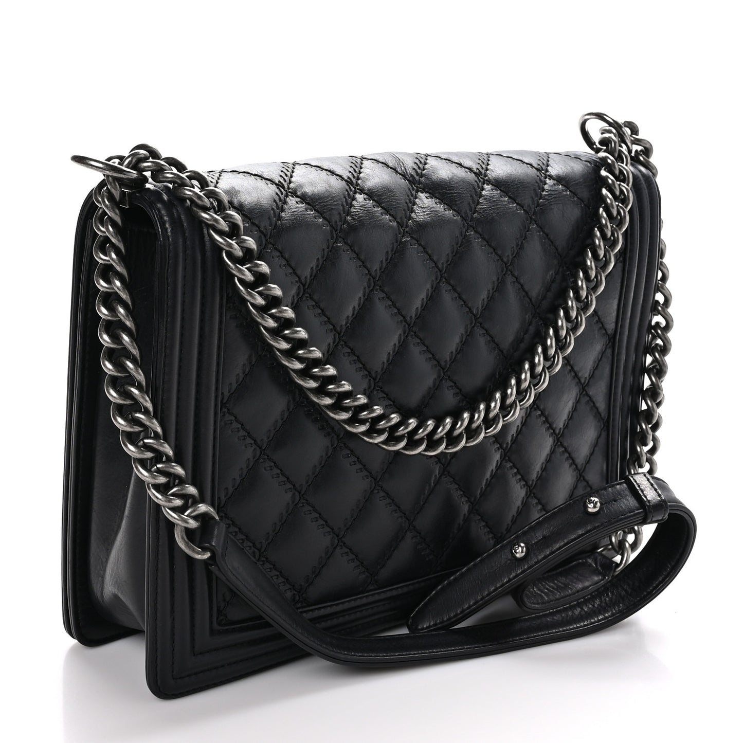 Calfskin Embossed Stitch Large Boy Flap Black