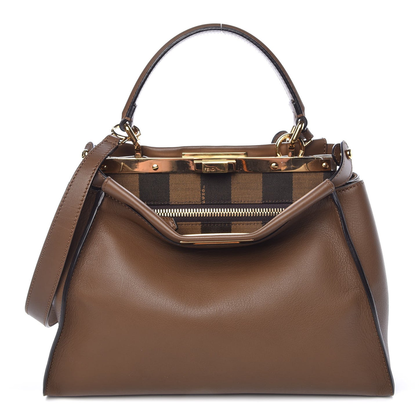 Vitello Seta Fabric Jacquard Pequin Medium Peekaboo Iconic Satchel Foresta Tobacco