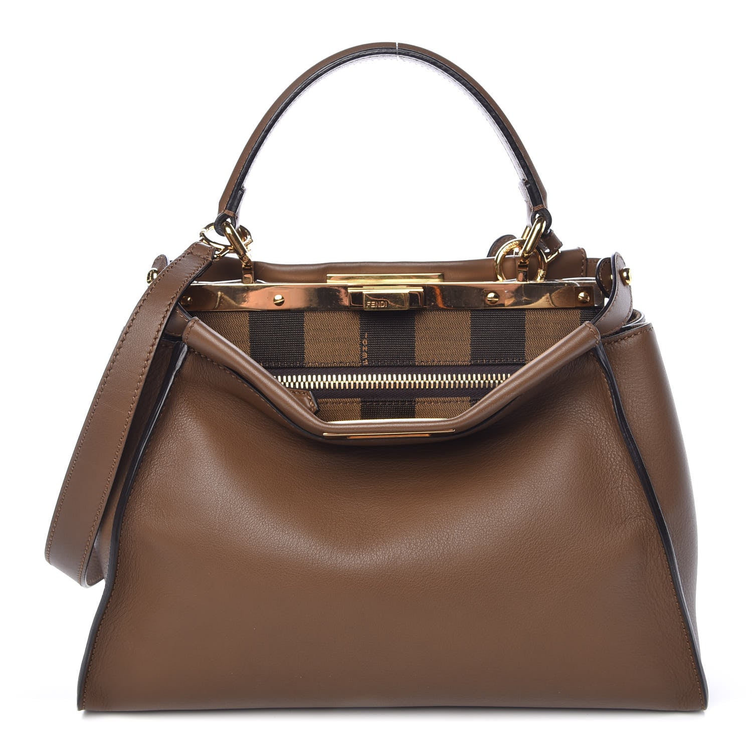 Fendi Vitello Seta Fabric Jacquard Pequin Medium Peekaboo Iconic Satchel Foresta Tobacco 1 of 13