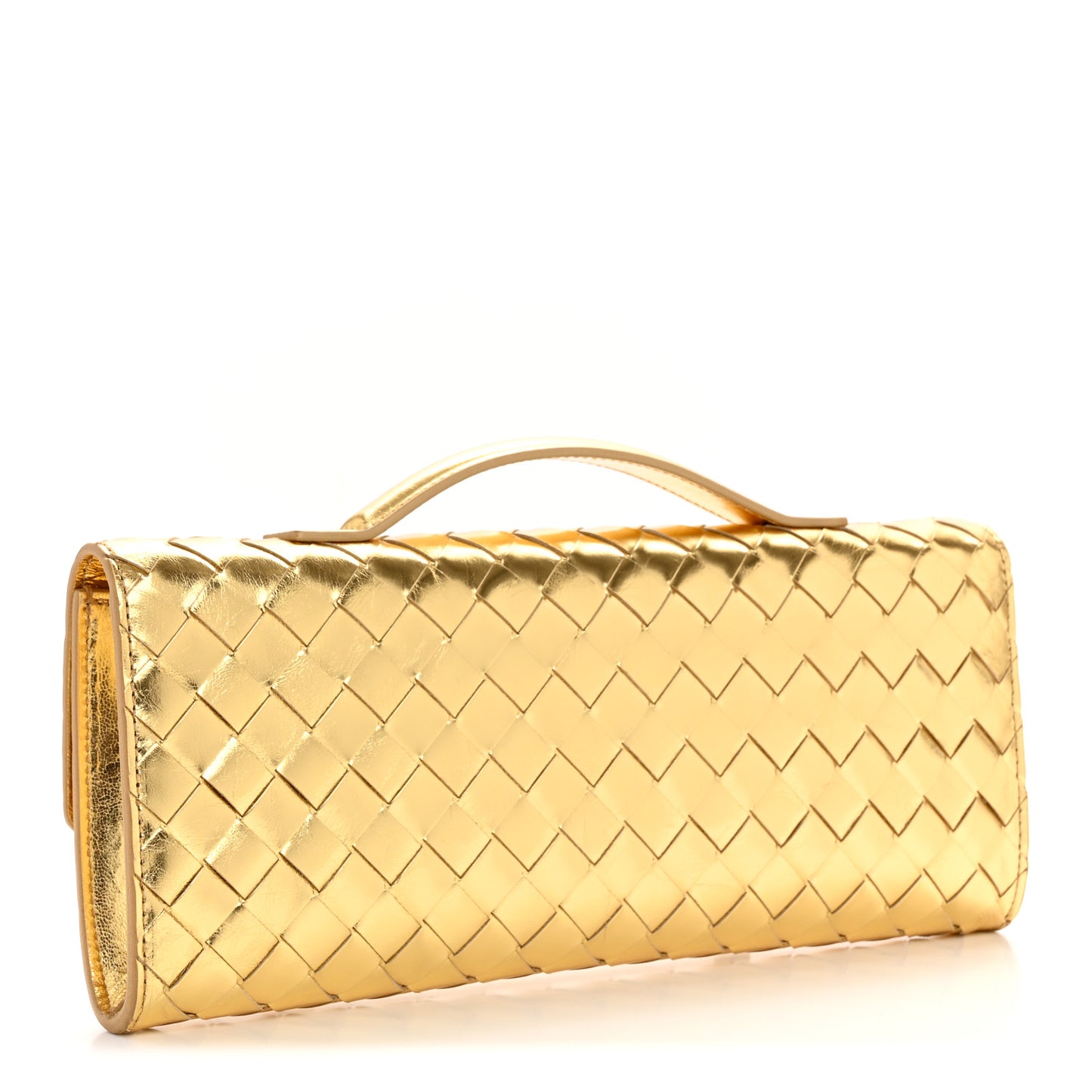 Metallic Lambskin Intrecciato Long Andiamo Top Handle Clutch Gold