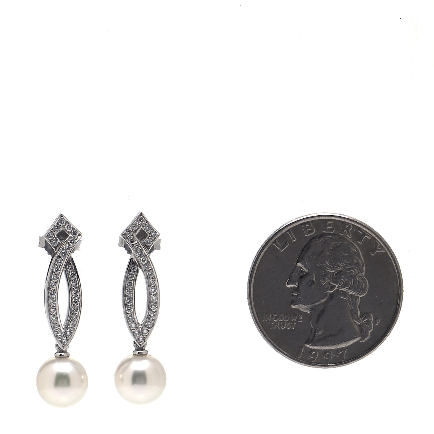 18K White Gold Diamond Pearl 7mm Lattice Drop Earrings