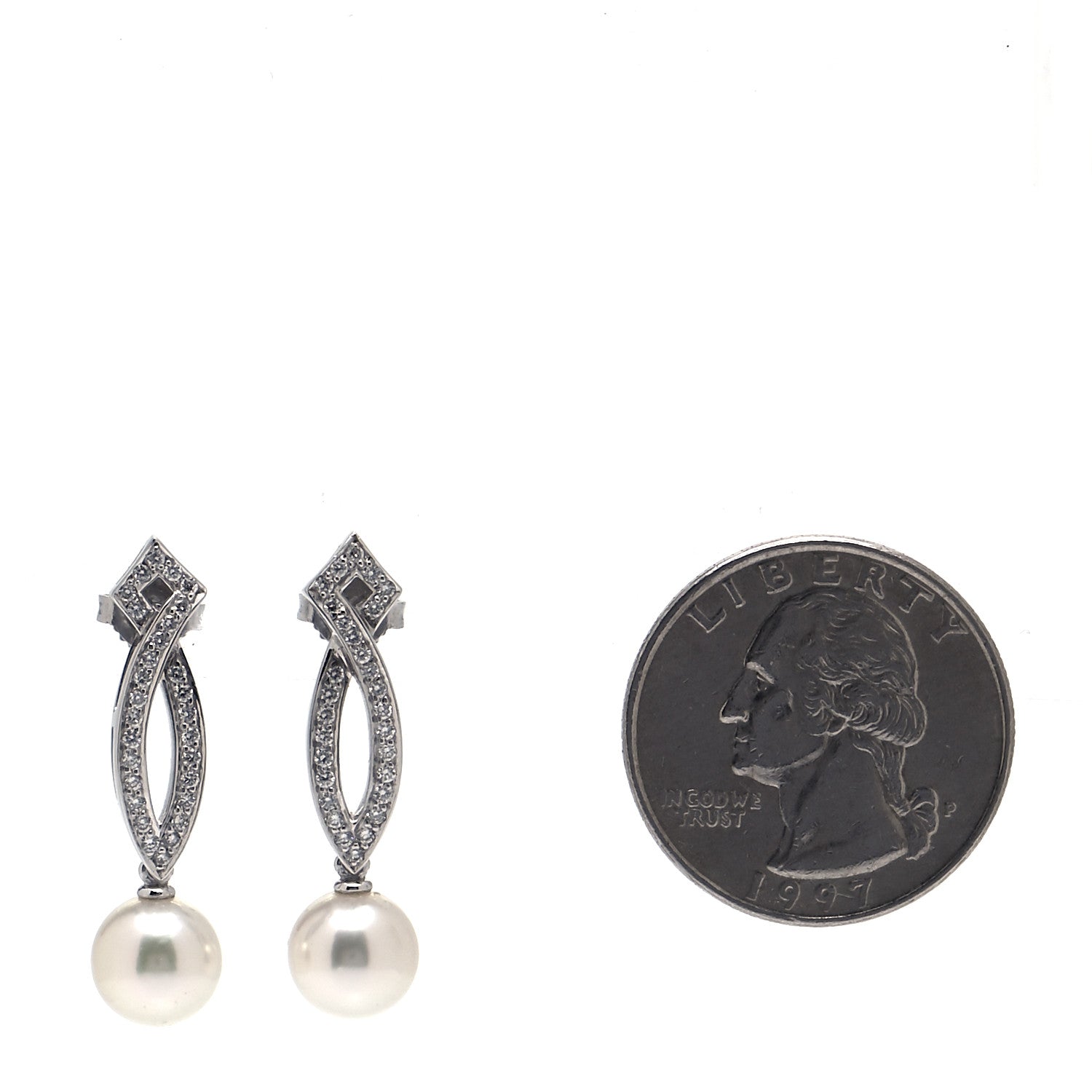 Mikimoto 18K White Gold Diamond Pearl 7mm Lattice Drop Earrings 2 of 6