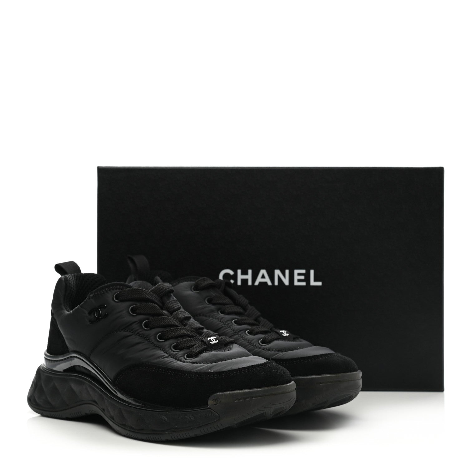Chanel Nylon Calfskin Suede CC Sneakers 37.5 Black 10 of 10