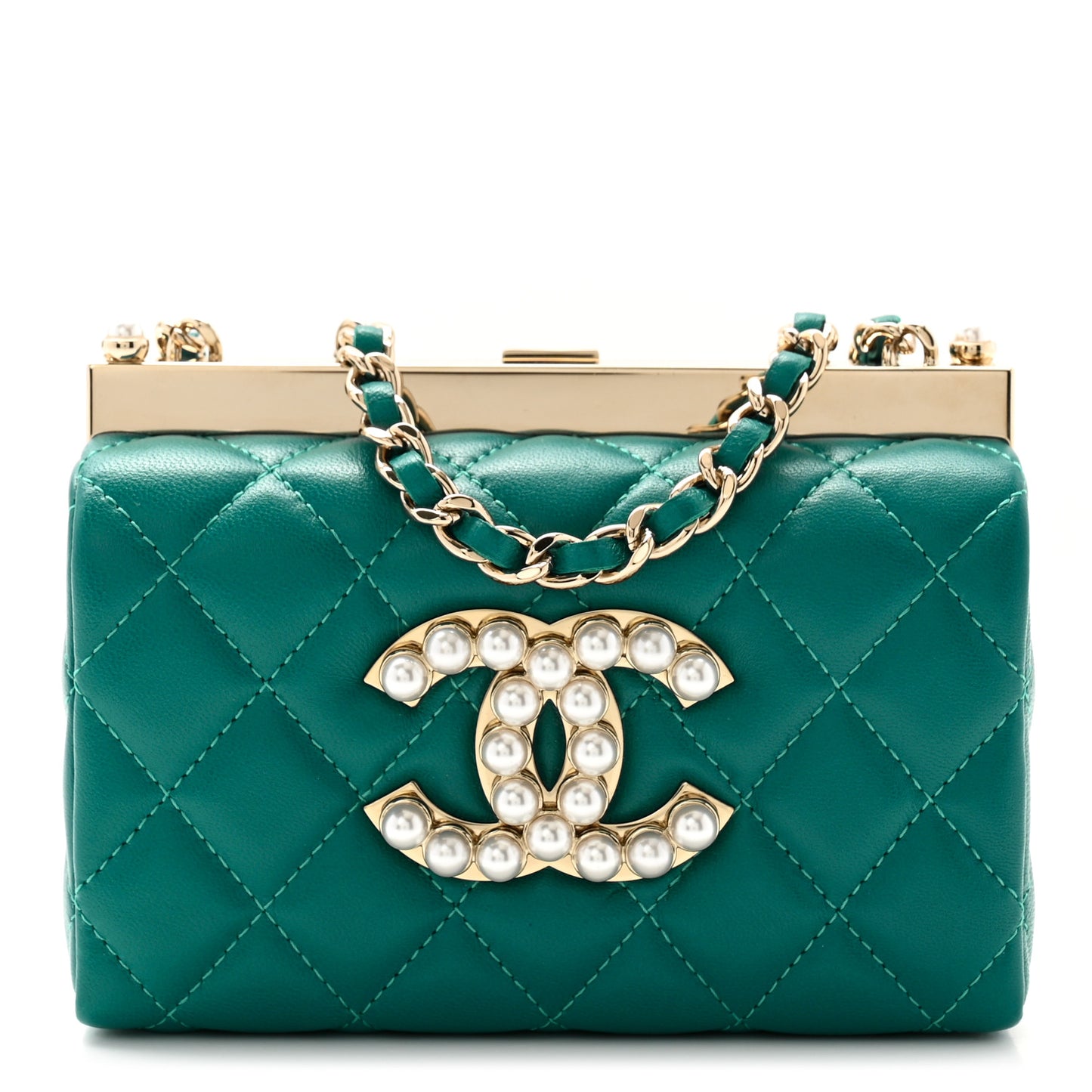 Lambskin Quilted Pearl CC Vanity Case Turquoise