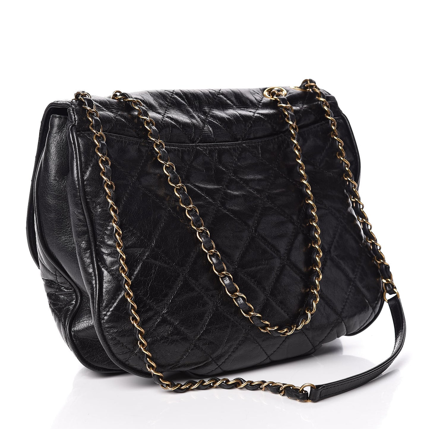 Aged Glazed Calfskin Quilted Large Bubble CC Flap Black