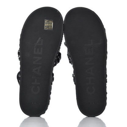 Chanel Cord Lambskin Quilted Logo Sandals 39 Black White 5 of 10