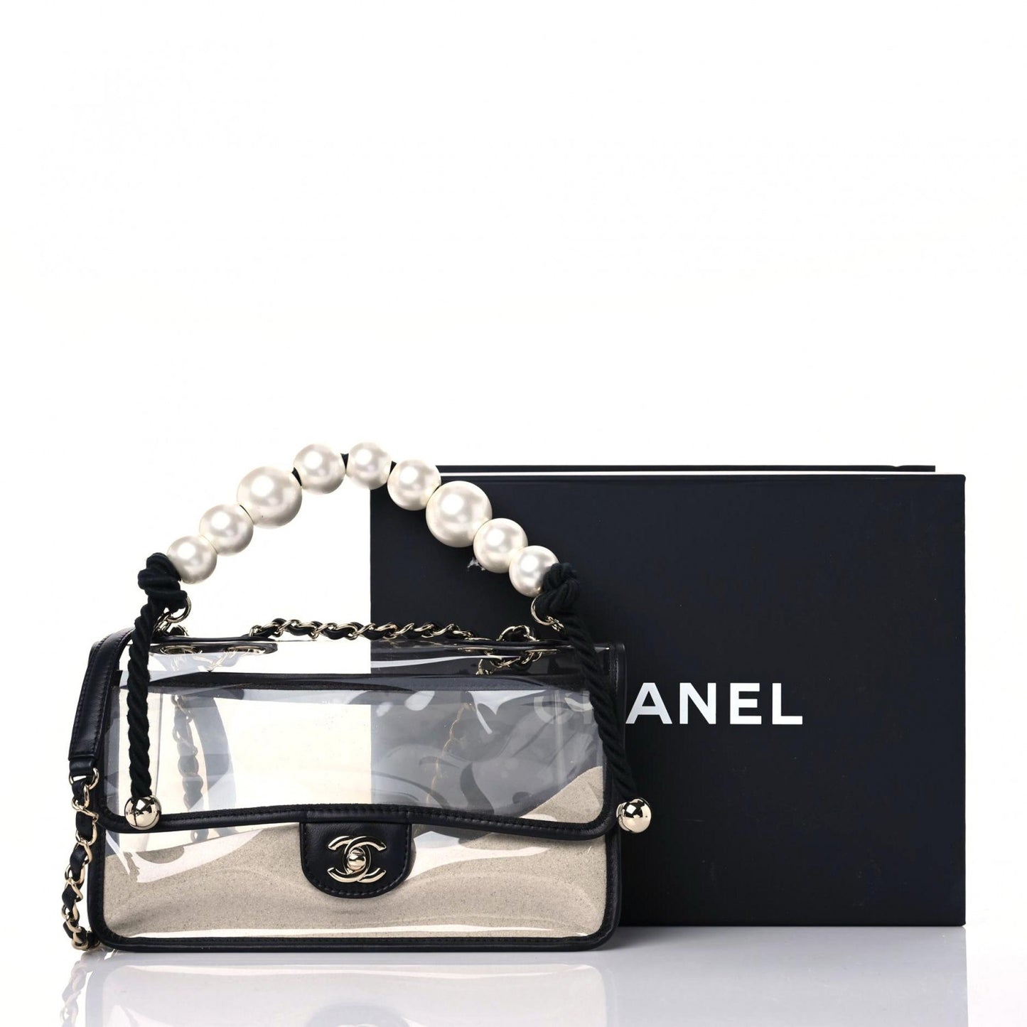 Lambskin PVC Sand By The Sea Flap With Pearl Strap Black