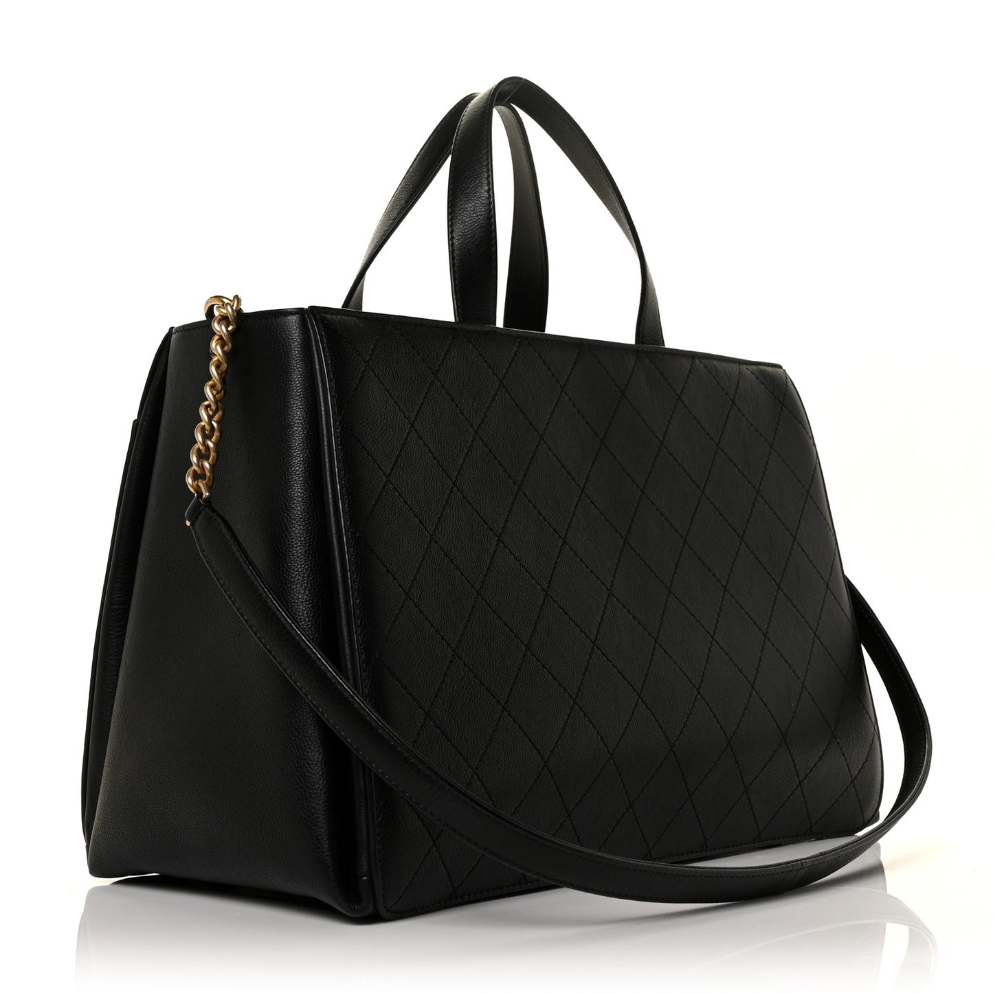 Calfskin Stitched Large Straight Lines Shopping Tote Black