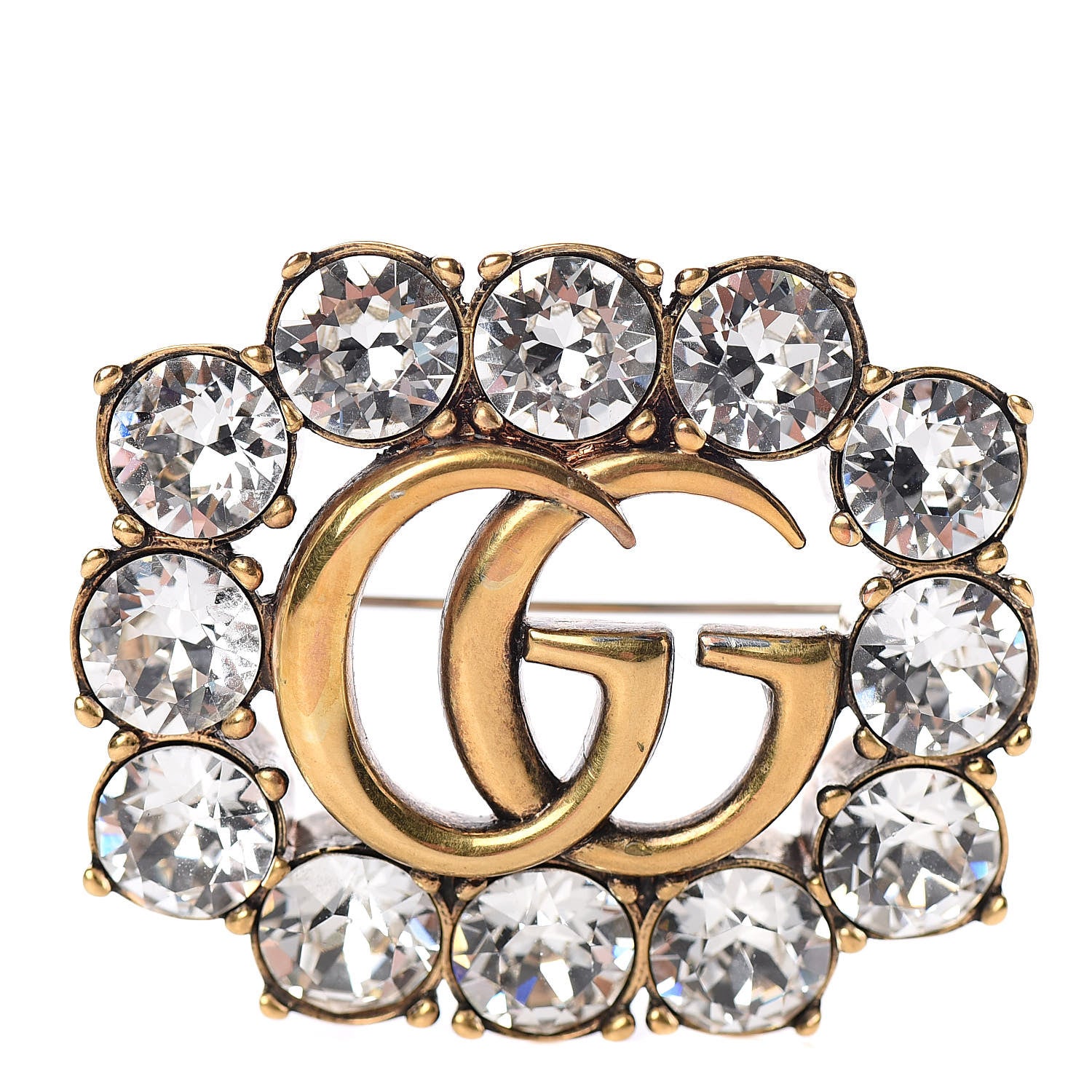 Gucci Metal Crystal Double G Brooch Aged Gold 1 of 6