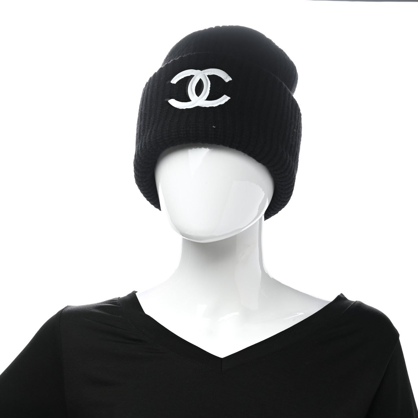 Wool Cashmere CC Beanie Hat Black White