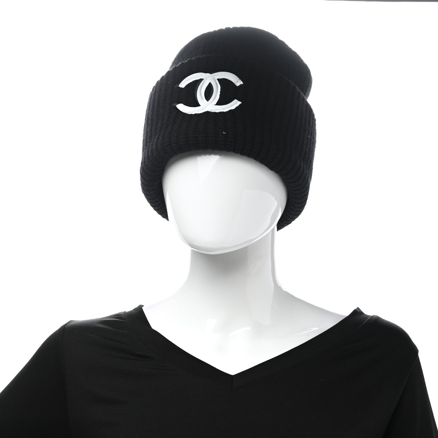 Chanel Wool Cashmere CC Beanie Hat Black White 2 of 5