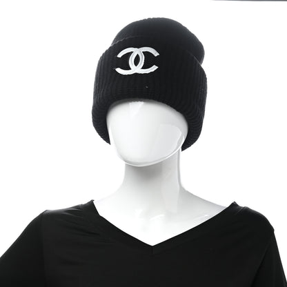 Chanel Wool Cashmere CC Beanie Hat Black White 2 of 5