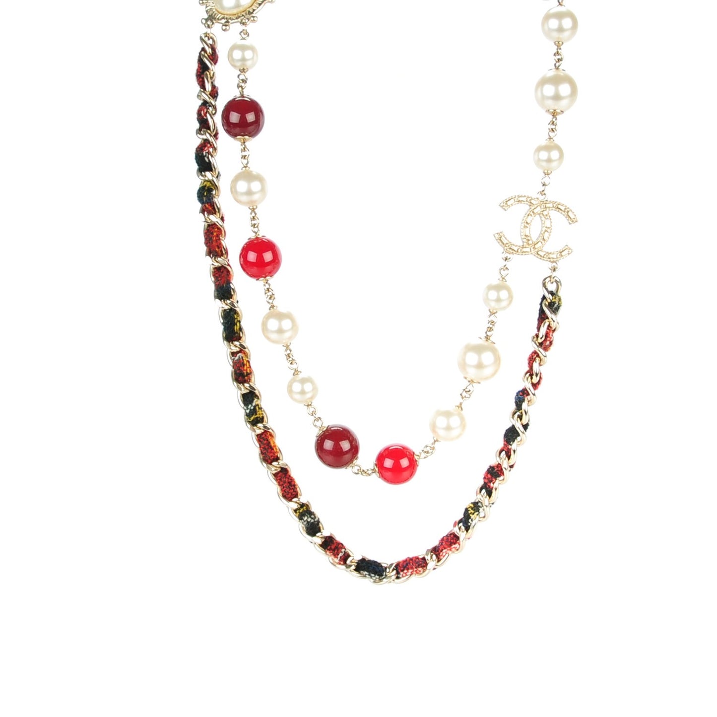 Tweed Pearl CC Beaded Necklace Red Gold