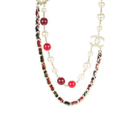 Chanel Tweed Pearl CC Beaded Necklace Red Gold 1 of 6