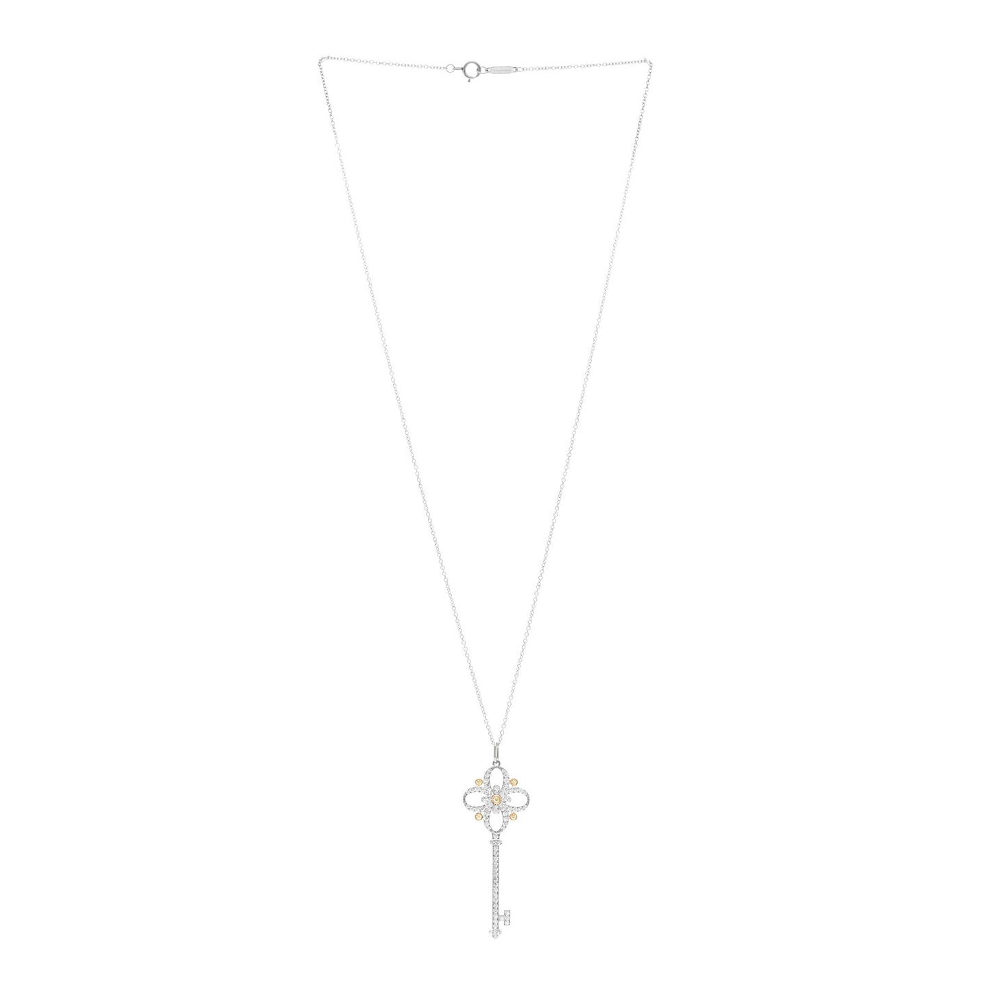 Platinum 18K Yellow Gold Diamond Floret Key Pendant Necklace